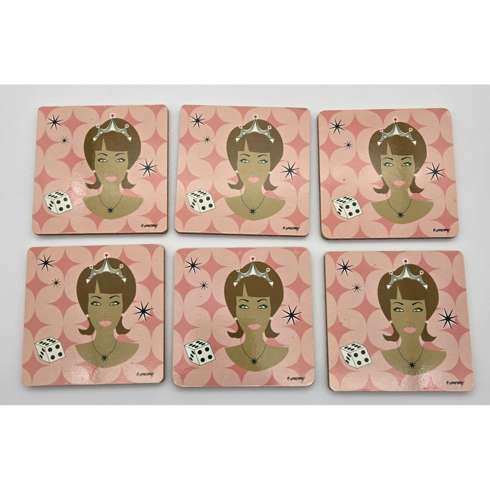 Retro Atomic Lounge C Quintero Signed 6pc Coaster Set Mid Century Dice Girl Bar